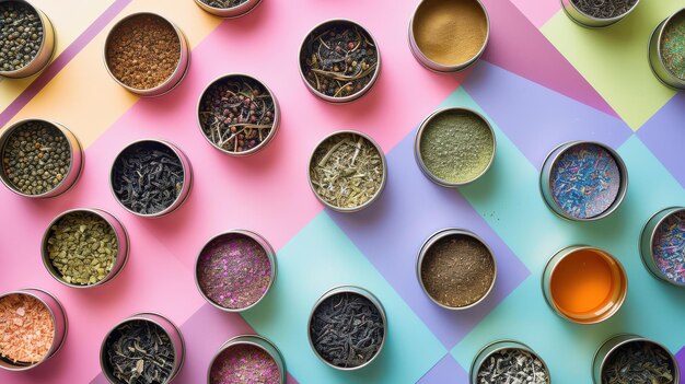 Photo a vibrant assortment of spices and herbs in metal containers arranged artistically on a colorful background