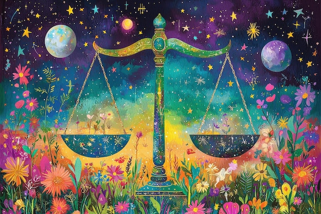 Vibrant Astrological Scale Weighs Cosmic Balance in Magical Night Landscape