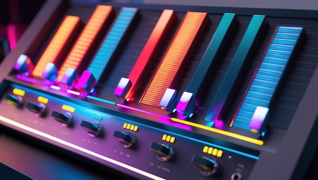 A vibrant audio mixer with colorful controls representing music production