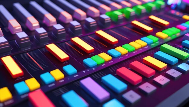 A vibrant audio mixer with colorful controls representing music production