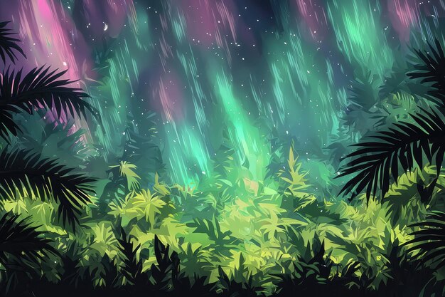 Photo vibrant aurora borealis over lush jungle landscape at night