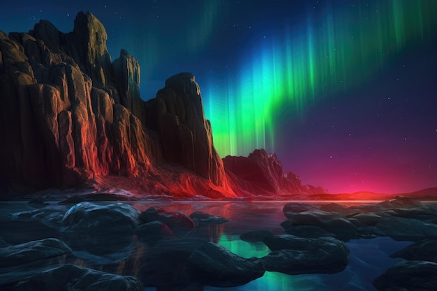 A vibrant aurora on a marslike planet with rocky terrain created with generative ai