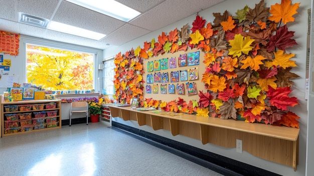 Vibrant Autumn Bulletin Board Student Artwork Showcase for Visual Learning in Classroom Setting