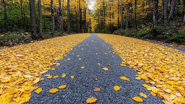 A vibrant autumn forest with golden leaves and a winding path