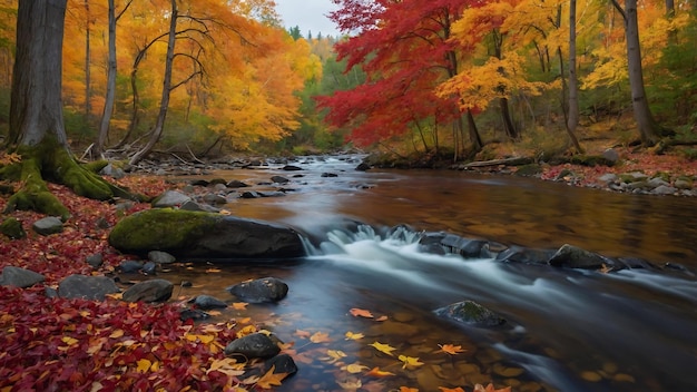 Vibrant Autumn Forest with a Meandering Stream