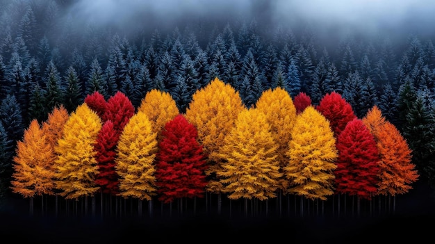 Photo a vibrant autumn forest with trees displaying a range of warm colors from yellow to deep red