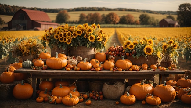 Vibrant autumn harvest The countryside farm has fresh produce with pumpkins