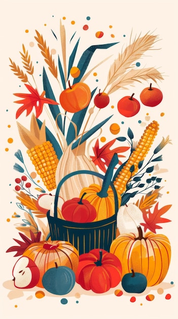 Photo vibrant autumn harvest with pumpkins corn and apples