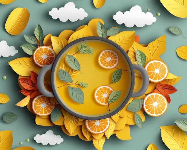 Vibrant Autumn Inspired Citrus Soup with Leaf Garnishes Surrounded by Colorful Fall Leaves and