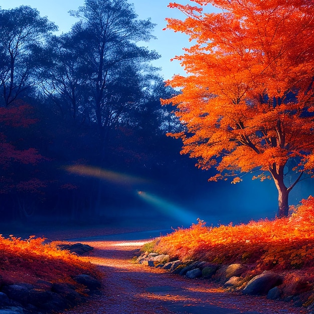 A vibrant autumn landscape with a blue slate background aigenerated