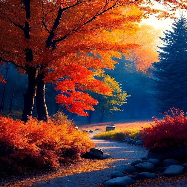 A vibrant autumn landscape with a blue slate background aigenerated