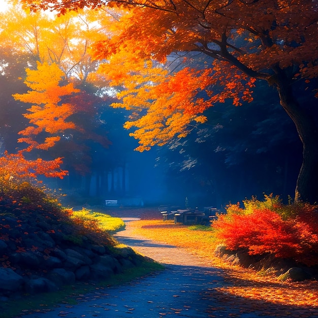 A vibrant autumn landscape with a blue slate background aigenerated