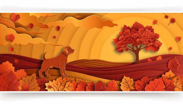 Photo vibrant autumn landscape with dog a colorful illustration featuring red and orange hues trees and