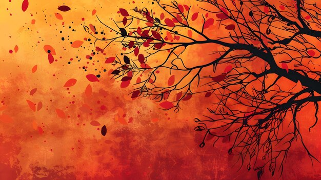 Photo vibrant autumn landscape with fiery foliage and striking tree branches against an ethereal orange sk