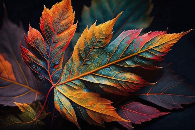 Vibrant autumn leaf against a dark backdrop Generative AI