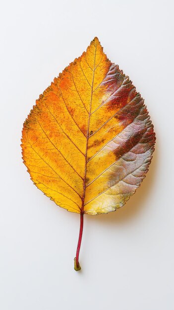 Vibrant autumn leaf showcasing hues of yellow and orange on a light background during the fall season