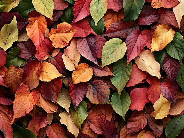 Vibrant autumn leaves in red yellow and orange hues forming a colorful arrangement of foliage perfect for seasonal backgrounds and naturethemed designs