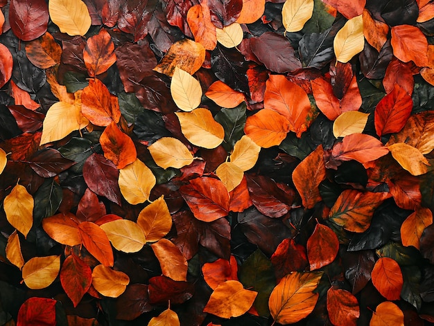 Vibrant autumn leaves in red yellow and orange hues forming a colorful arrangement of foliage perfect for seasonal backgrounds and naturethemed designs