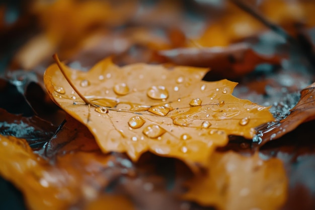 Photo vibrant autumn leaves resting on the ground adorned with rain droplets in a tranquil setting