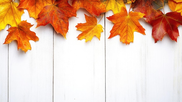 Vibrant Autumn Leaves in Shades of Orange and Yellow Against a Light Wooden Background