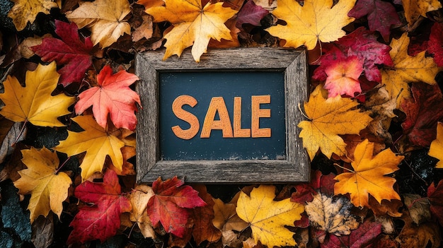 Photo vibrant autumn leaves surrounding a sale announcement sign perfect for seasonal promotions marketing campaigns and festive advertising