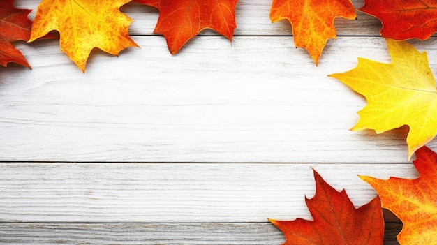 Vibrant Autumn Leaves in Varying Shades of Yellow and Orange on Weathered Wood Background