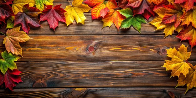 Vibrant Autumn Leaves on Wooden Background with Copy Space