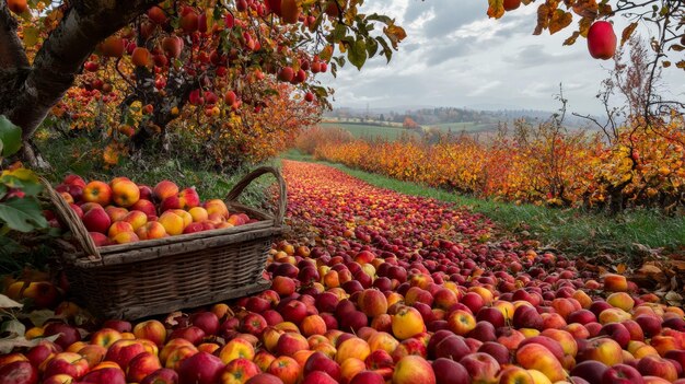 Photo a vibrant autumn scene in an apple orchard where rows of apple trees stand tall their branches w