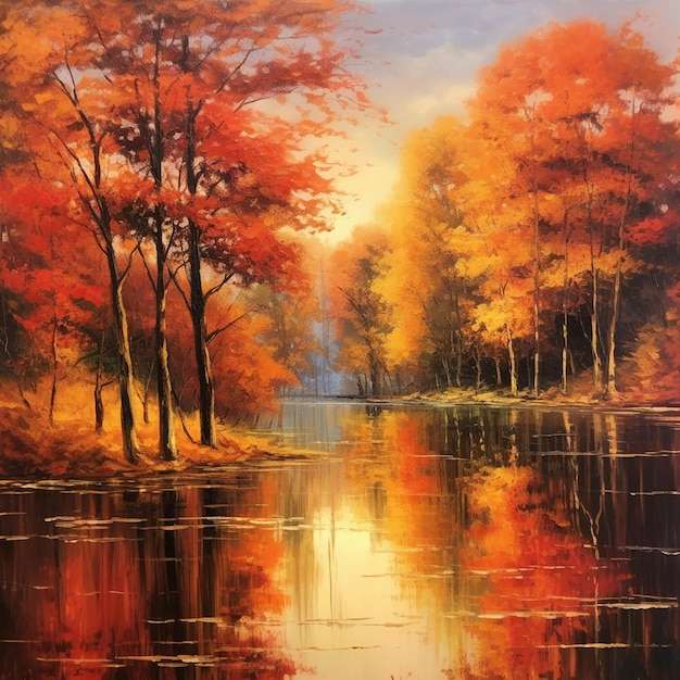 A vibrant autumn scene with trees surrounding the lake ablaze with fiery red orange and golden le