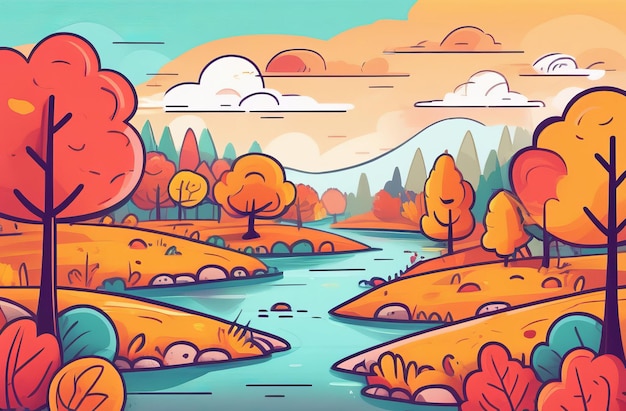 Vibrant autumn scenery illustration with rolling hills a flowing river