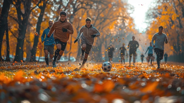 Vibrant Autumn Soccer Fun with Friends in the Park Lively Outdoor Activity Captured with Sony A7III Camera