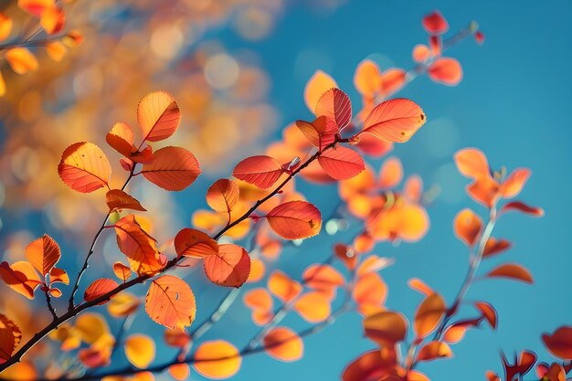 Vibrant Autumnal Foliage with Dappled Sunlight on a Crisp Blue Sky Background