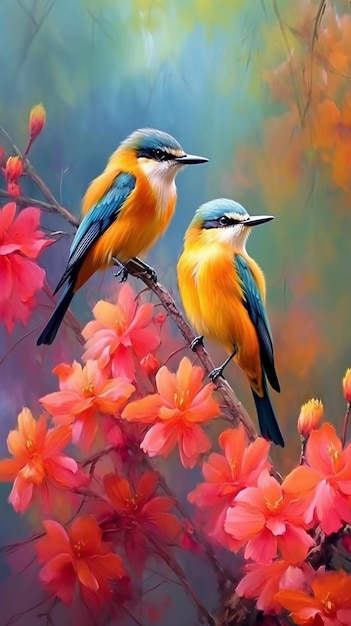 Vibrant Avian Duet Colorful Birds Perched on Flowers in Artistic Style