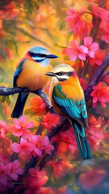 Vibrant Avian Duet Colorful Birds Perched on Flowers in Artistic Style