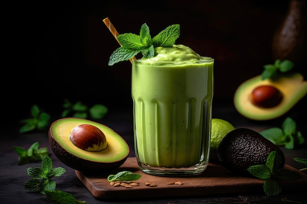 Vibrant Avocado Smoothie Garnished With Mint Leaf Generative AI