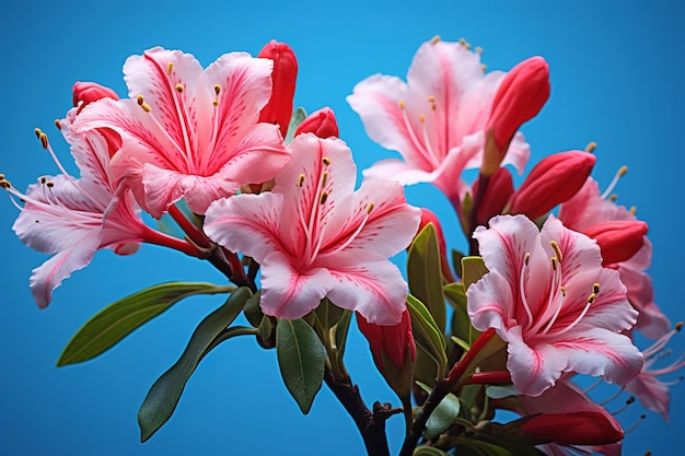 Photo vibrant azalea blossoms showcase their striking colors against a serene blue backdrop in a sunny spring garden