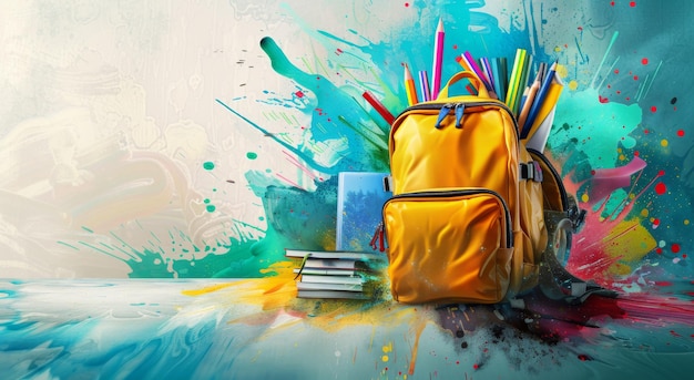 Vibrant back to school concept with yellow backpack and colorful paint splashes perfect for