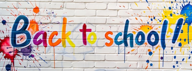 Photo vibrant back to school text painted on white brick wall with dynamic paint splashes in multiple