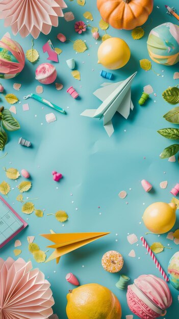 A vibrant background for back to school featuring colorful paper airplanes lemons a pumpkin and