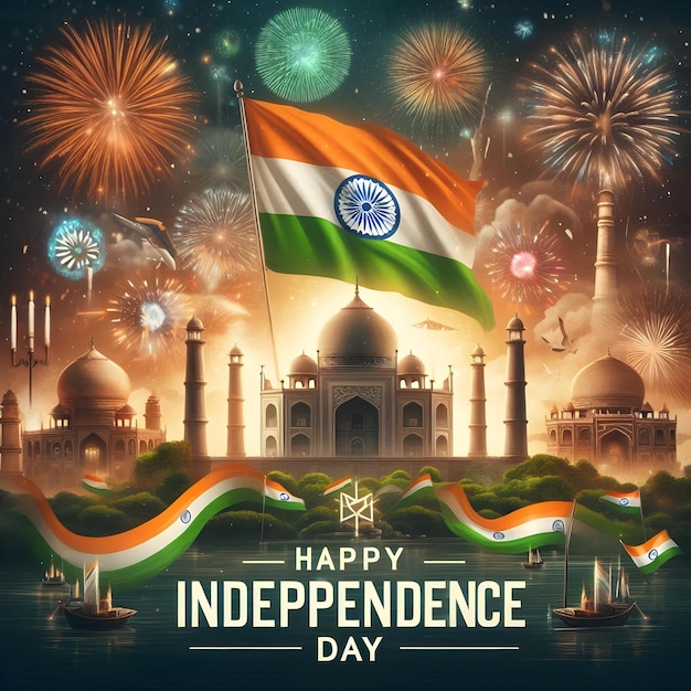 Vibrant Background Featuring Indian Flag Happy Independence Day Text and Fireworks