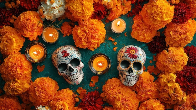 A vibrant background filled with marigolds candles and sugar skulls