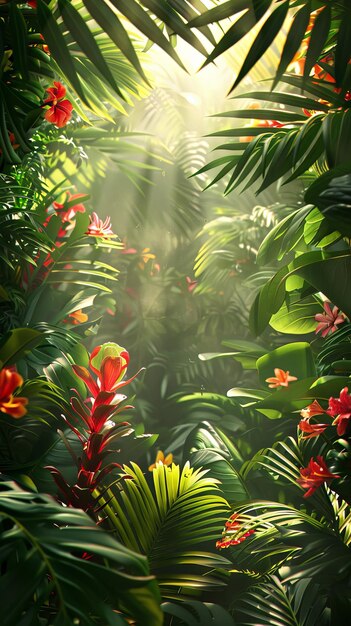 Photo a vibrant background of tropical leaves and exotic flowers with a bright sunny ambiance