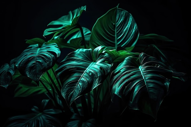 Vibrant Backlit Tropical Leaves on Dark Green Background