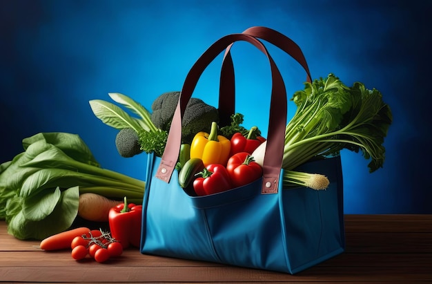 A vibrant bag of assorted fresh vegetables against a bold blue background perfect for healthy eating concepts Generative AI