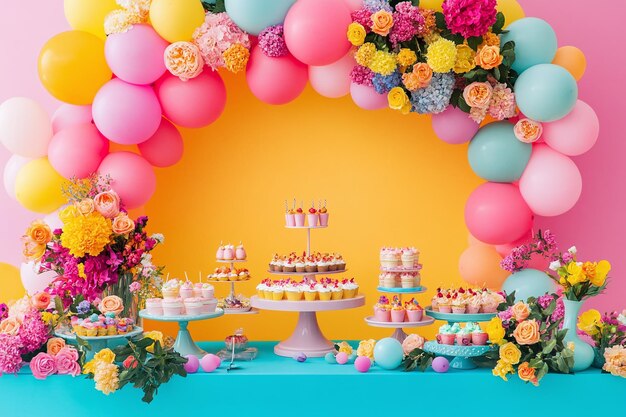 Photo vibrant balloon arch and dessert table with floral arrangements for a festive birthday celebration