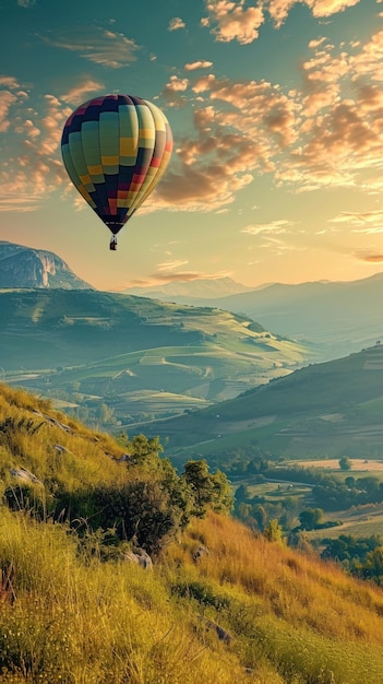 A vibrant balloon ascends over rolling hills and valleys illuminated by the morning sun perfect for advertisements or posters Vertical format With copy space