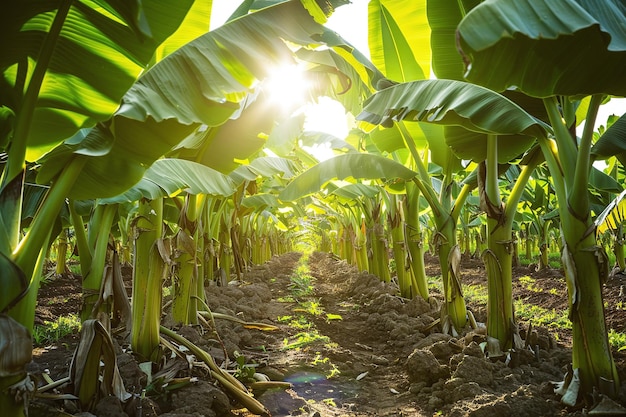 Vibrant Banana Plant with Tropical Leaves and Bunches of Bananas