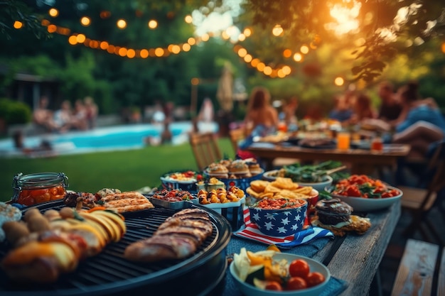 Photo vibrant barbecue party with american flags summer evening