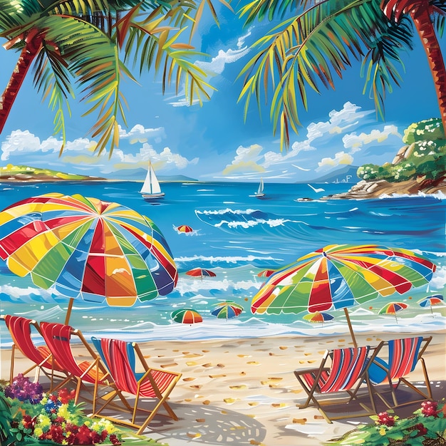 Vibrant Beach Scene with Colorful Umbrellas and Serene Ocean A beautiful beach setting with vibrant