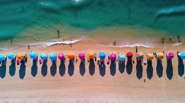 A vibrant beach with a sea of colorful umbrellas from above Generative AI